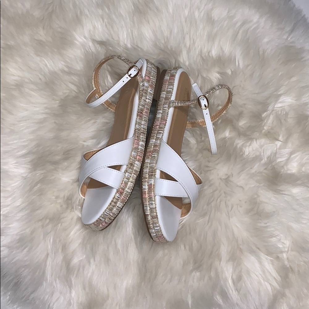 woven accent shimmer summer sandals sz 8 new white & champagne rosey